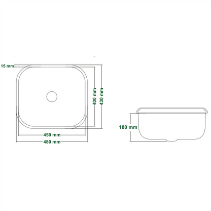 Kitchen Sink Satin Stainless Steel Base Flush-Mounted Sink 480 mm x 430 mm x 180 mm (TJM0035)