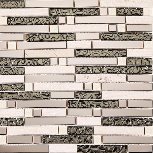 Mosaic Tiles Polished Steel, Natural Stone & Silver Glass Brick Shape (MT0146)