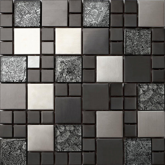 Bathroom and Kitchen tiles Black & Silver Metallic Random Mix Glass Mosaic Tile Sheet (MT0002)