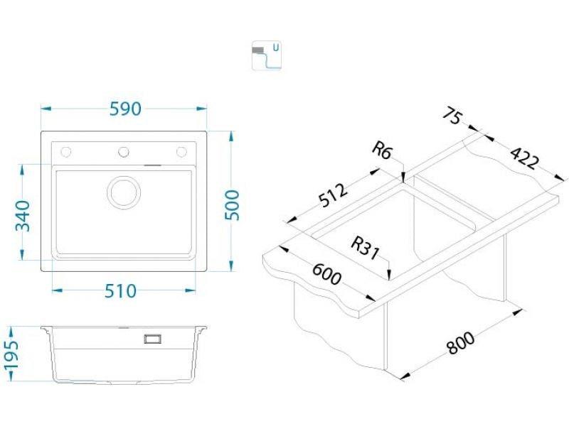 Alveus ATROX 30 Composite Inset/Undermount Kitchen sink, 590 x 500 Carbon or Arctic
