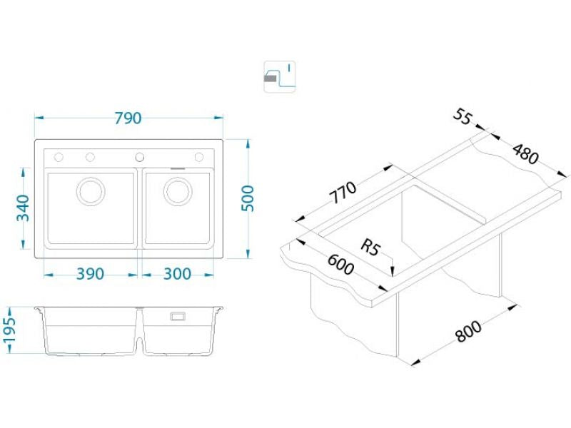 Alveus ATROX 50 Composite Inset/Undermount 2 bowl kitchen sink 790x500 Carbon or Arctic