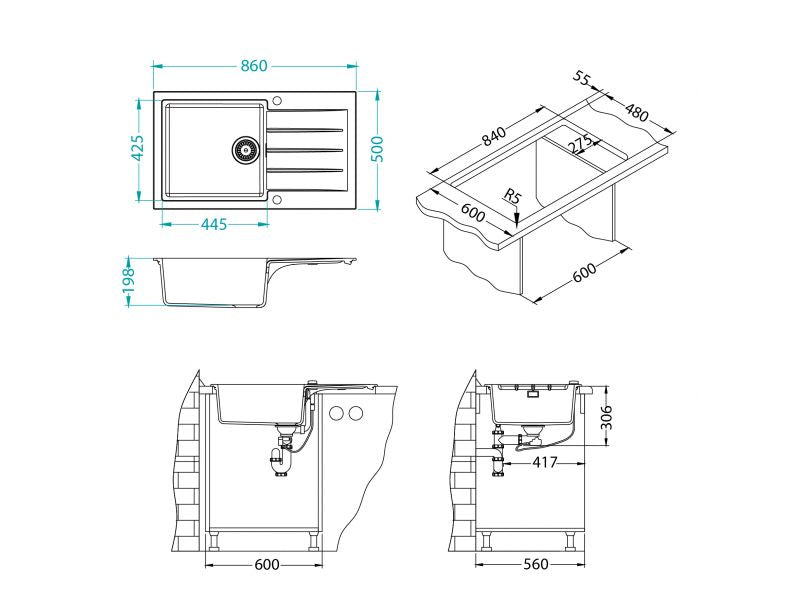 Alveus Cadit 40 Inset 1.0 Composite Kitchen sink 860x500mm Carbon or Arctic