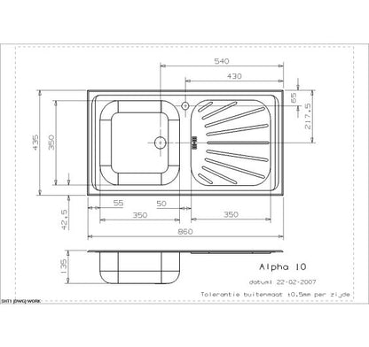 Reginox Alpha 10 Single bowl inset SS kitchen sink 860x435mm