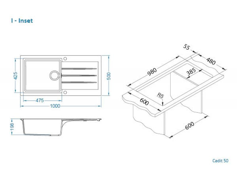 Alveus Cadit 50 Inset 1.0 Composite Kitchen sink 1000x500mm Carbon or Arctic