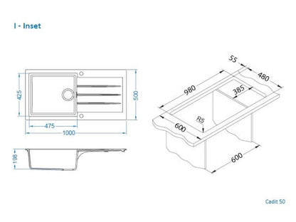 Alveus Cadit 50 Inset 1.0 Composite Kitchen sink 1000x500mm Carbon or Arctic