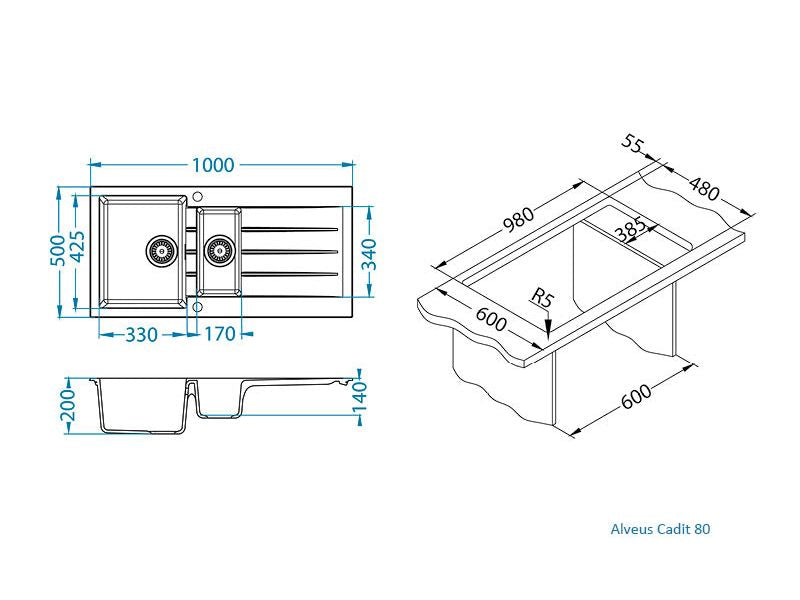 Alveus Cadit 80 Inset Composite 1.5 Kitchen sink, 1000x500x200mm Carbon or Arctic