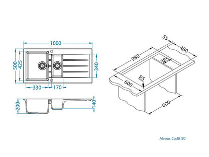 Alveus Cadit 80 Inset Composite 1.5 Kitchen sink, 1000x500x200mm Carbon or Arctic