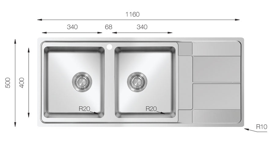 UKinox AS 1160.500.20 Polished 2 Bowl Stainless Steel inset kitchen sink