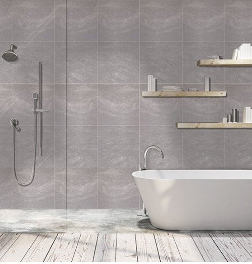 Modern bathroom with a freestanding bathtub, shower enclosure, and shelves.