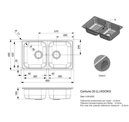 Reginox Centurio L 20 Inset/Undermount 2 bowl  SS Kitchen Sink 850x490mm with tap hole