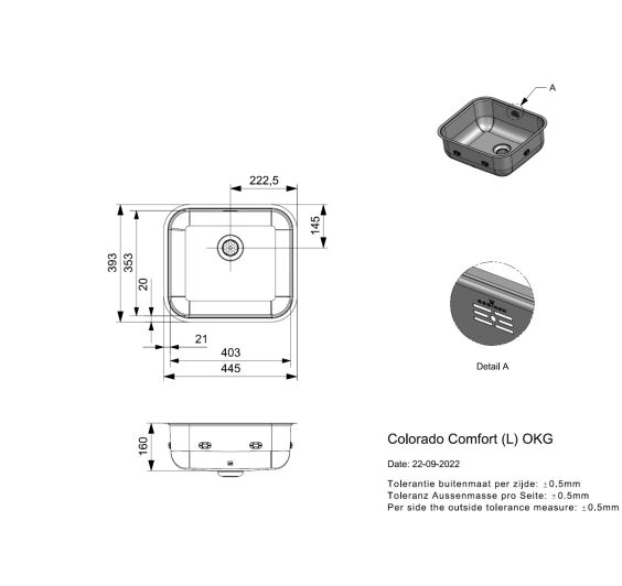 Reginox Colorado 1 bowl Undermoun/Inset SS Kitchen Sink 445x393mm
