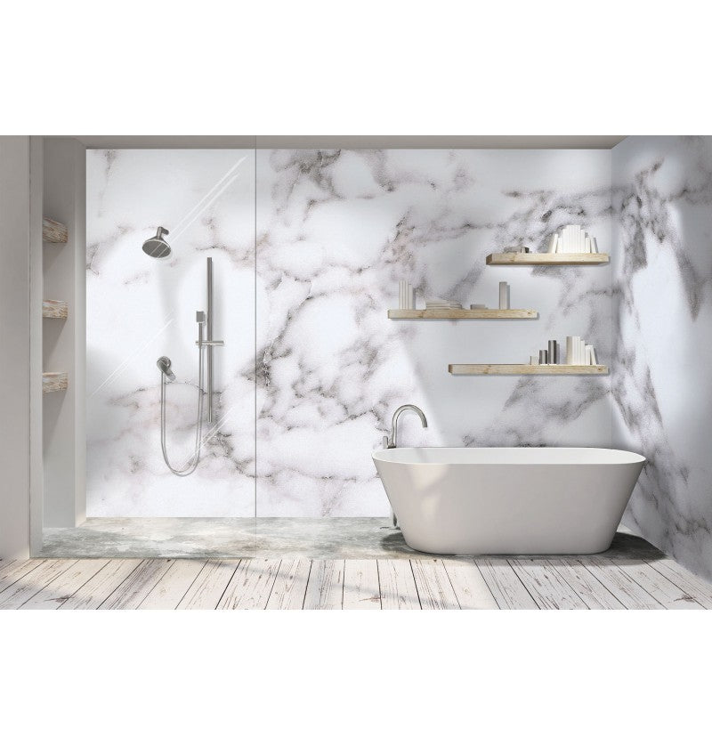 Calacatta Marble Gloss Shower Panel on 9mm 100% Waterproof Solid Composite core 2400x1185