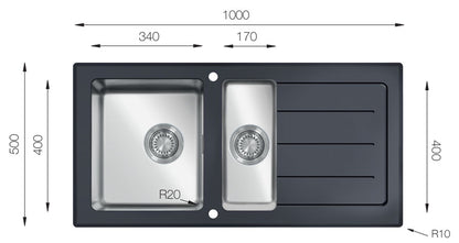 UKinox GS 1000.500.15B Black Glass Inset 1.5 bowl Reversible kitchen sink