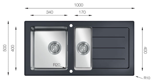 UKinox Black Glass Inset 1.5 bowl Reversible kitchen sink 1000x500mm