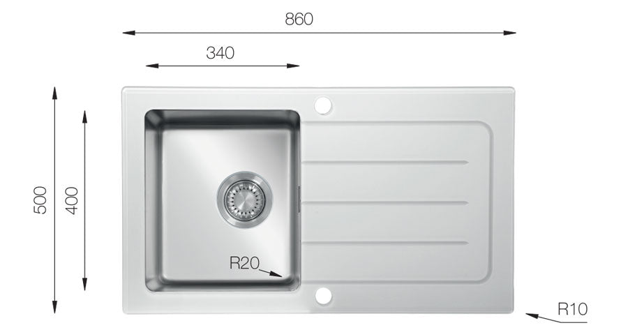 UKinox GS 860.500W White Glass Inset 1 bowl Reversible kitchen sink