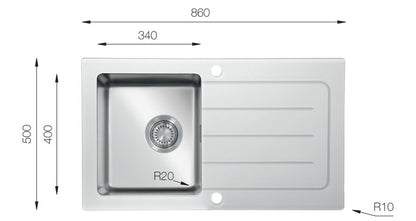 UKinox GS 860.500W White Glass Inset 1 bowl Reversible kitchen sink