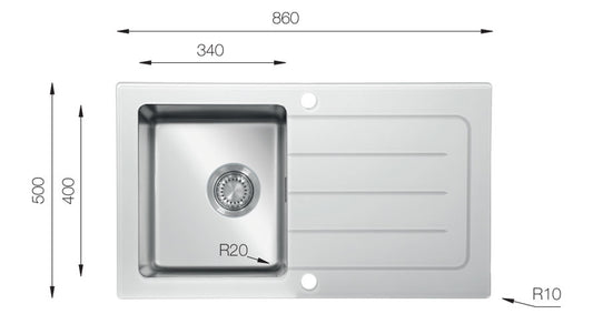 UKinox White Glass Inset 1 bowl Reversible kitchen sink 860x500mm