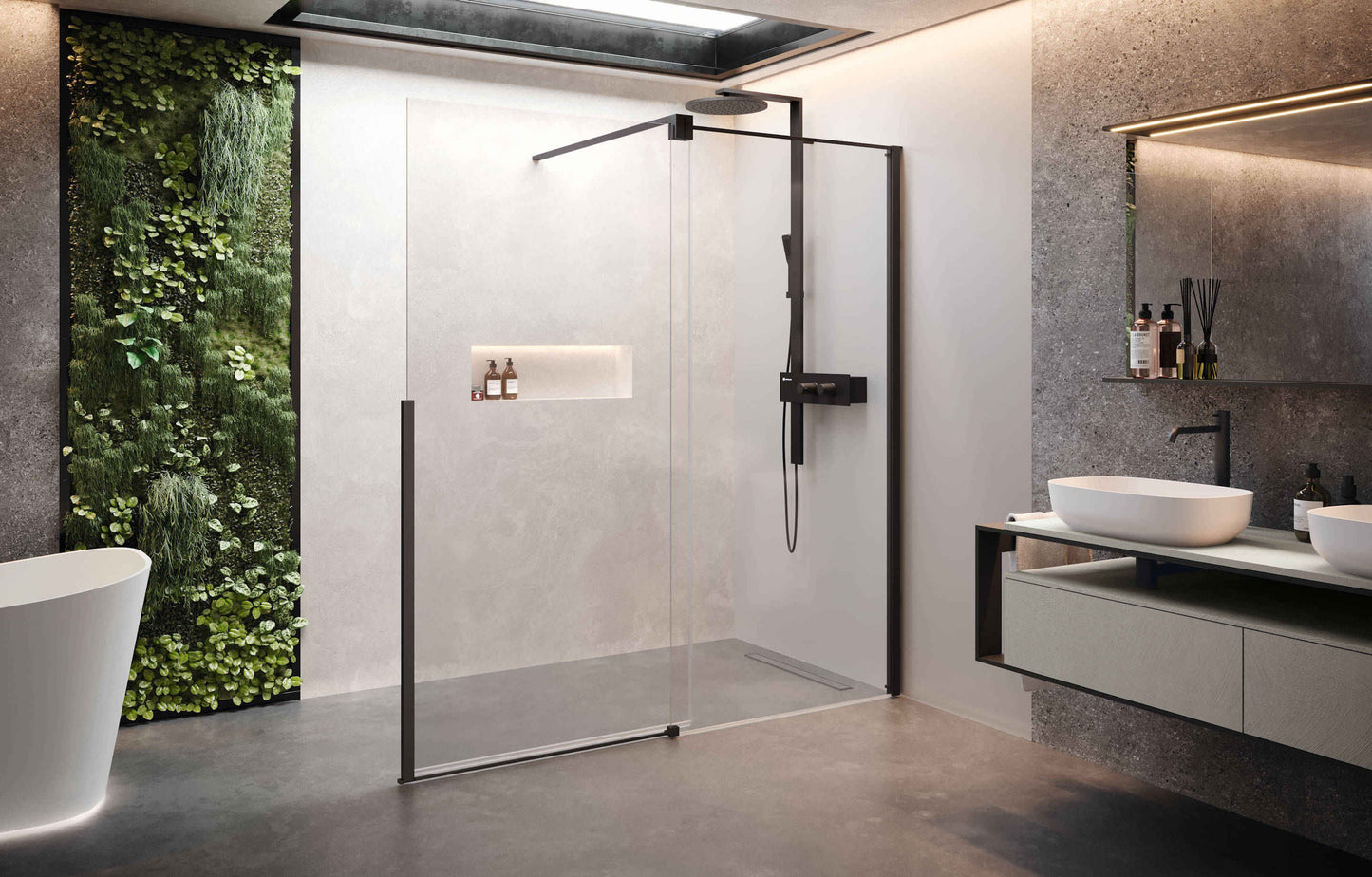 Novellini H-Style FIXED WALL IN LINE WITH 1 SLIDING DOOR Matt Black/Chrome