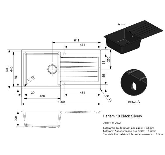 Reginox Harlem 1000x500 Composite Single Bowl Reversible Inset Kitchen sink