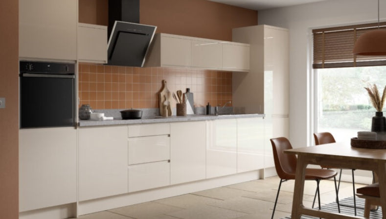 J-Pull Super Gloss Cashmere Wall Kitchen Cabinets with UNICLIC Technology, Flat packed