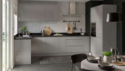 J-Pull Super Gloss Dust Grey Base Kitchen Cabinets with UNICLIC Technology, Flat packed