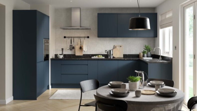 J-Pull UltraMatt Indigo Wall Kitchen Cabinets with UNICLIC Technology, Flat packed