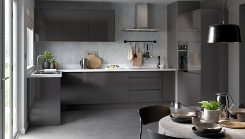 J-Pull Super Gloss Graphite Base Kitchen Cabinets with UNICLIC Technology, Flat packed