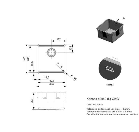 Reginox Kansas 40x40 L Inset/Undermount Extra deep bowl SS Kitchen Sink