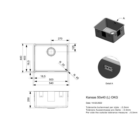 Reginox Kansas 50x40 L Inset/Undermount Extra deep bowl SS Kitchen Sink