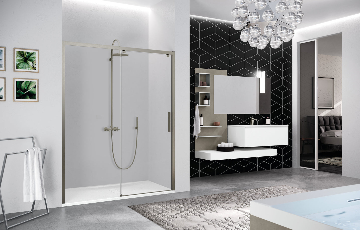 Novellini Kuadra 2.0 2PH, 1 Sliding Shower door + 1 Fixed Panel Brushed Inox