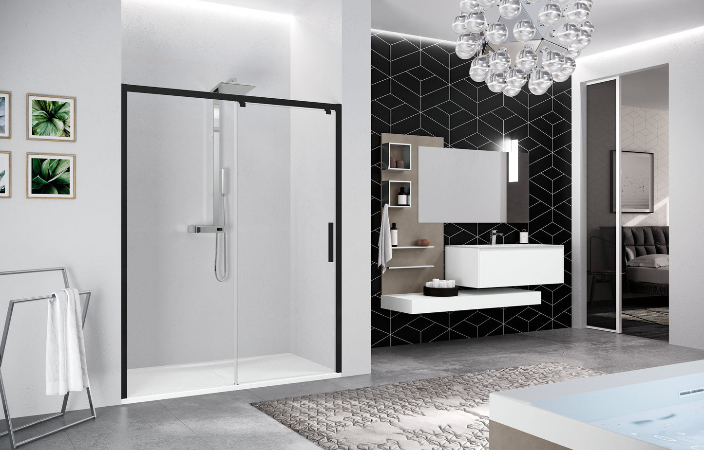 Novellini Kuadra 2.0 2PH, 1 Sliding Shower door + 1 Fixed Panel Matt Black