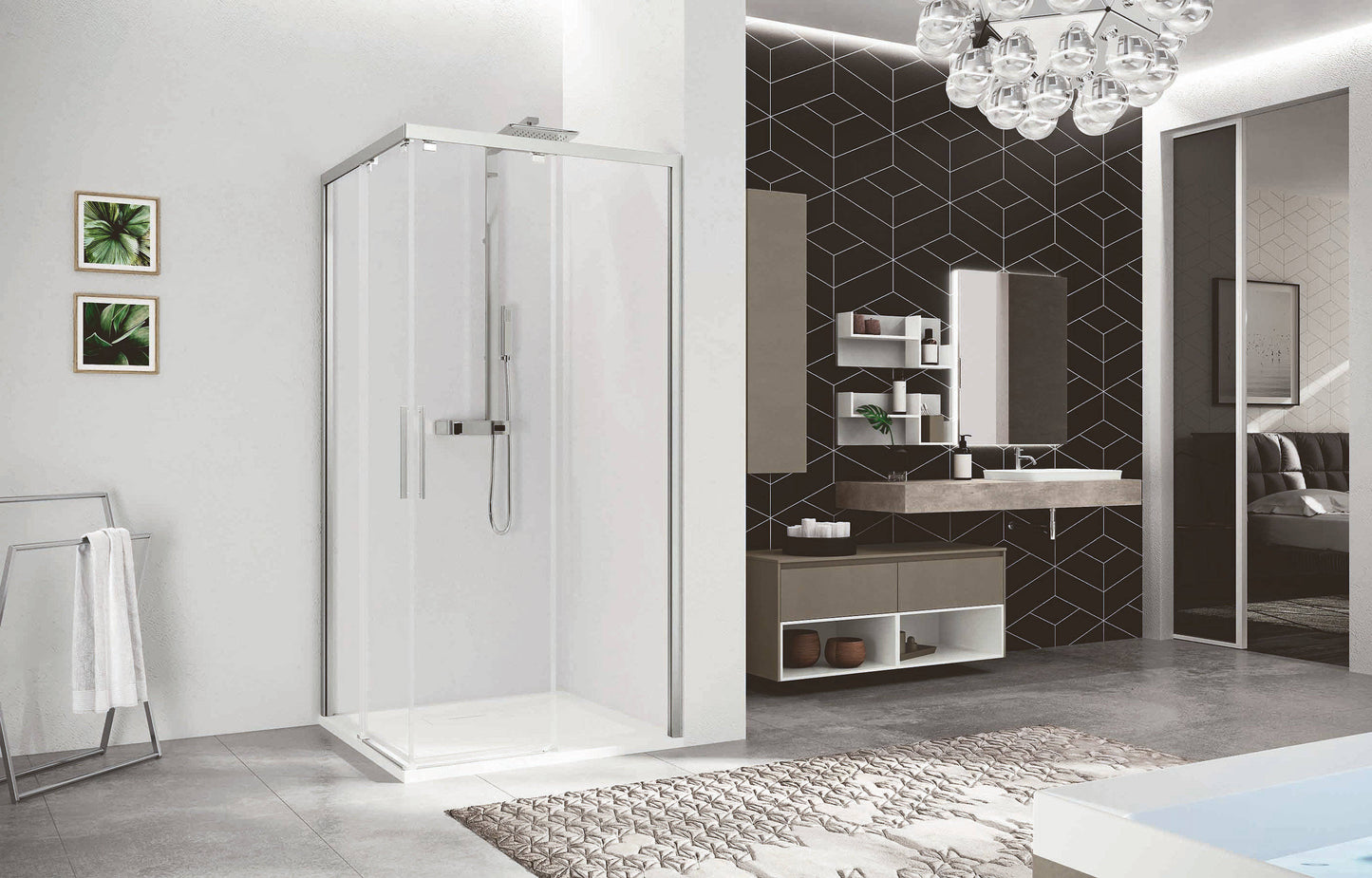Novellini Kuadra 2.0 AH, 2 Sliding Shower doors + 2 Fixed Panels Chrome/Black/Inox