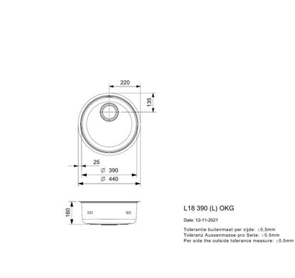 Reginox L18390KGHNOF  round bowl inset/Undermount SS kitchen sink 440mm, No Overflow