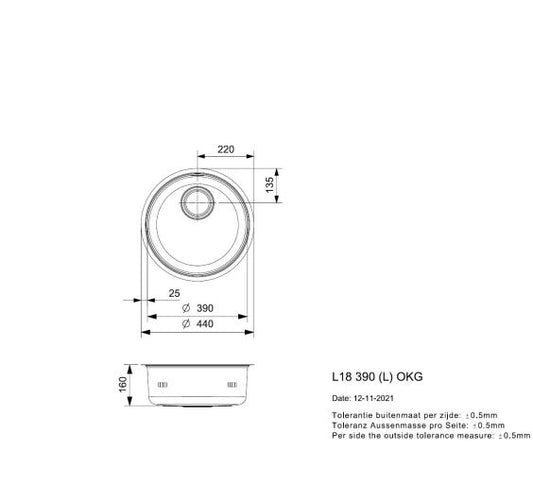 Reginox L18390KGHNOF  round bowl inset/Undermount SS kitchen sink 440mm, No Overflow