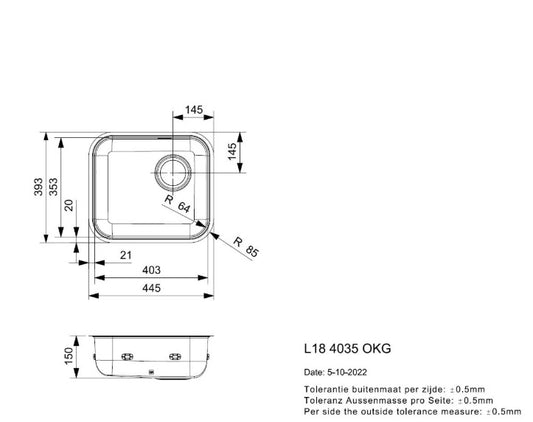 Reginox L184035KGHNOF 1 bowl inset/undermount SS kitchen sink 445x393mm, No Overflow