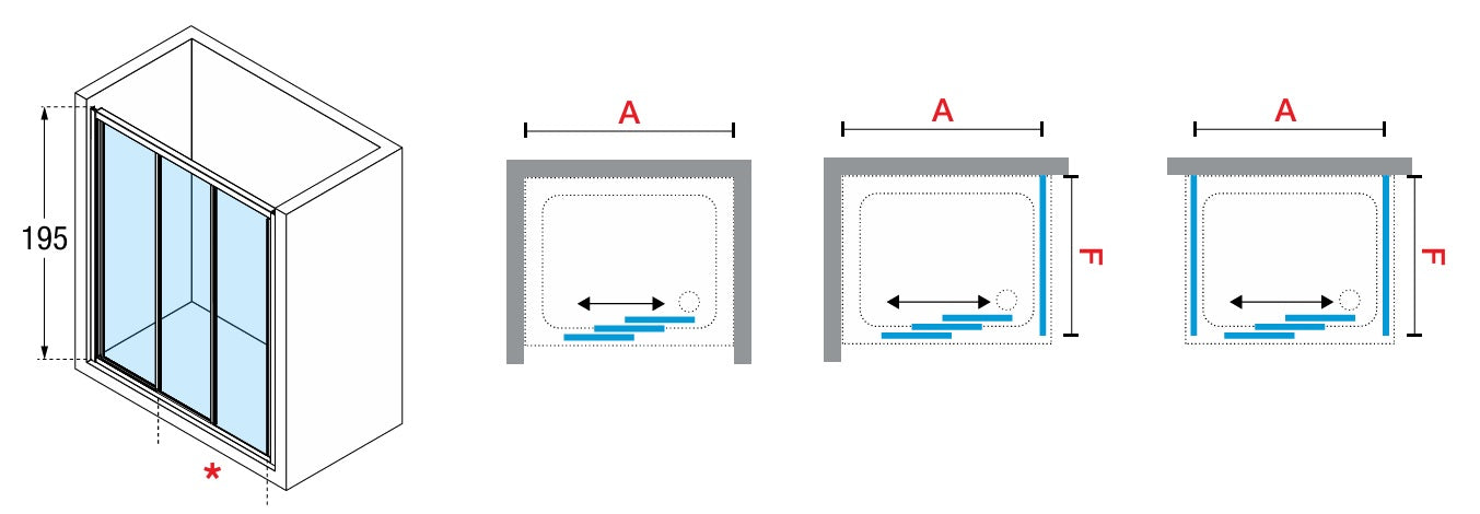 Novellini Lunes 3P, 3 Sliding Shower door panels Chrome 90-140cm