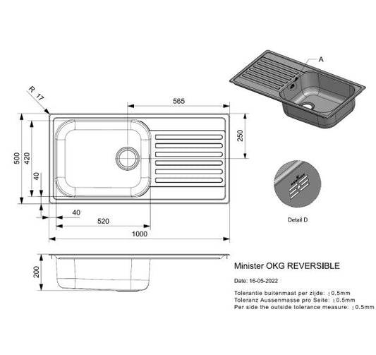 Reginox Minister Reversible 1 bowl Inset SS Kitchen Sink 1000x500mm