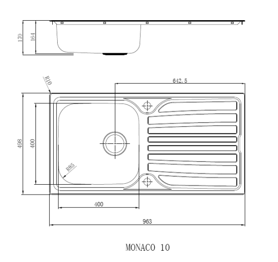 Reginox MONACO 10 Single bowl inset SS kitchen sink 963x498mm