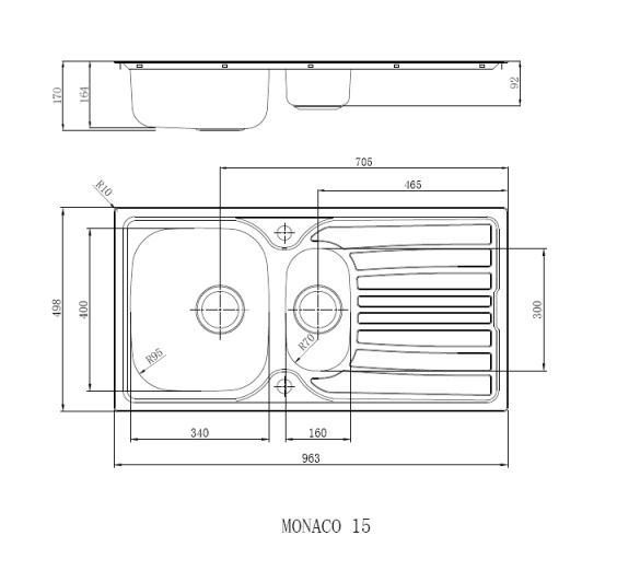 Reginox MONACO 15 1.5 bowl inset SS kitchen sink 963x498mm