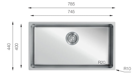 UKinox Micro 1 Bowl Polished SS Undermount/Inset large kitchen sink 745x400mm