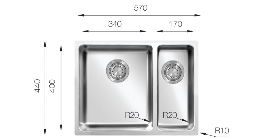 UKinox MU 340 70 30 Polished 1.5 Bowl Stainless Steel Undermount/Inset kitchen sink 570x440