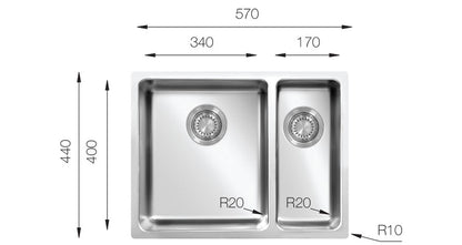 UKinox MU 340 70 30 Polished 1.5 Bowl Stainless Steel Undermount/Inset kitchen sink 570x440