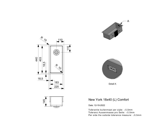 Reginox New York 18x40L Inset/Undermount 0.5 bowl SS Kitchen Sink