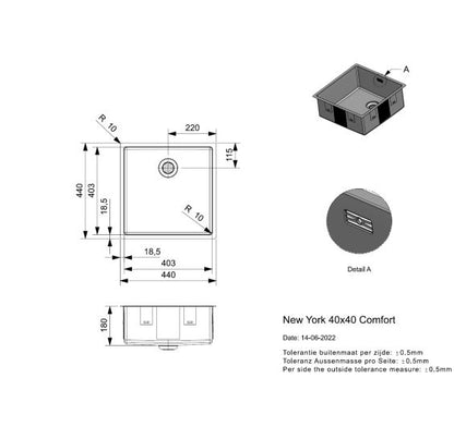 Reginox New York 40x40L Inset/Undermount 1  bowl SS Kitchen Sink