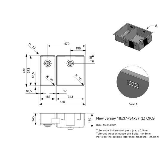 Reginox New Jersey 18x37+34x37 Inset/Undermount 1.5 bowl SS Kitchen Sink