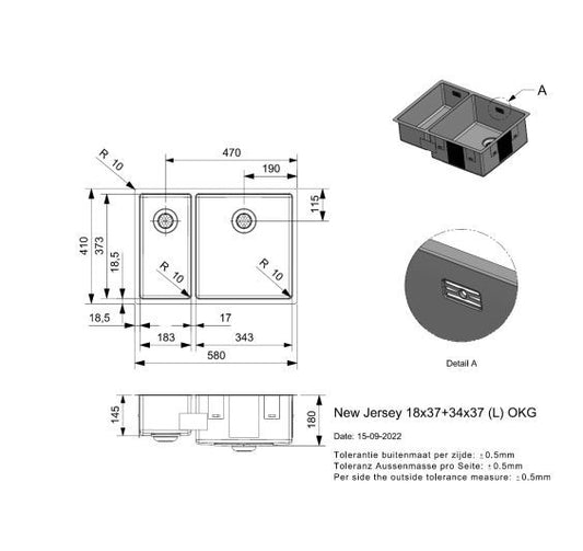 Reginox New Jersey 18x37+34x37 Inset/Undermount 1.5 bowl SS Kitchen Sink