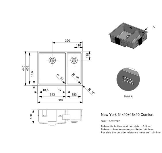 Reginox NEW YORK 34X40+18X40 Inset/Undermount 1.5  bowl SS Kitchen Sink