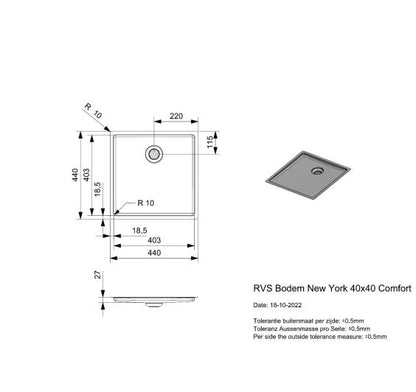 Reginox New York 40x40 BP Inset/Undermount Drainer SS Kitchen Sink
