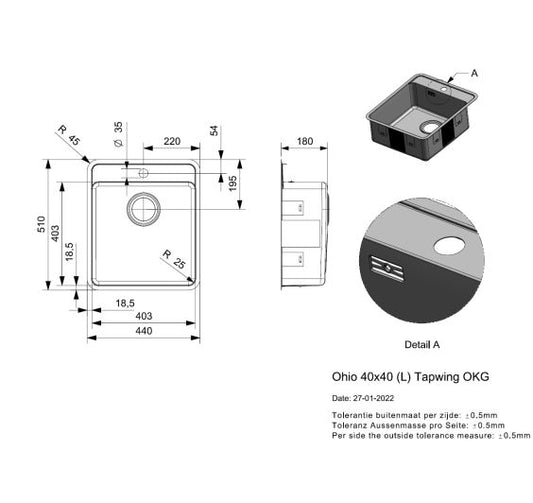 Reginox Ohio 40x40 TW Tap Wing Inset/Undermount 1 bowl SS Kitchen Sink