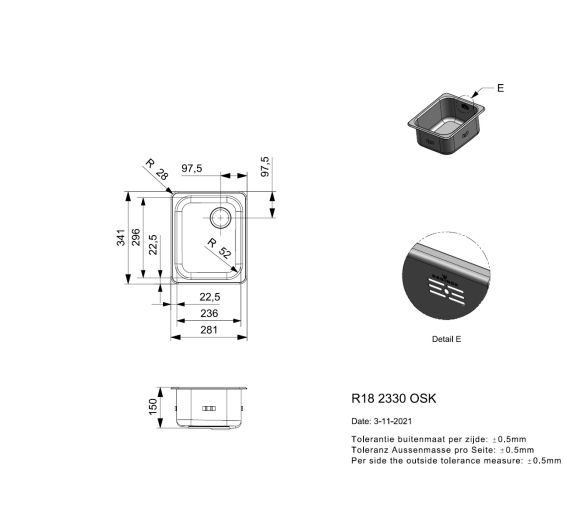 Reginox R18 2330 OSK Single bowl inset SS kitchen sink 281x341mm